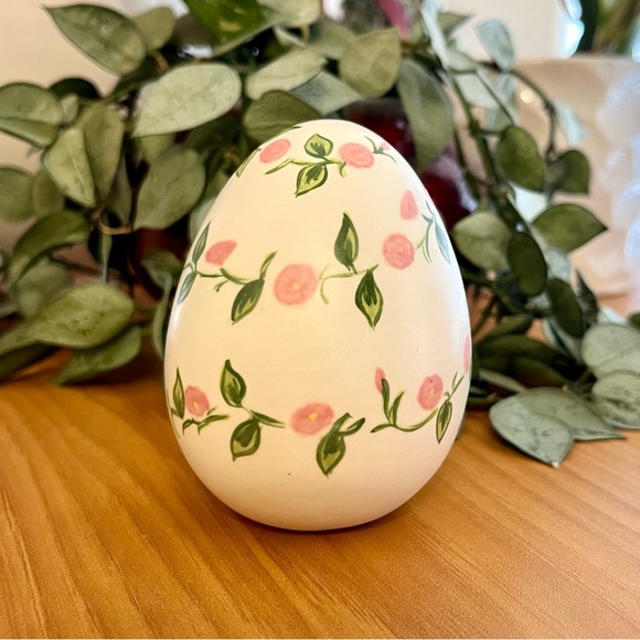 Artisan Other - Ceramic Egg with Pink and Green Floral Design Signed Cheri